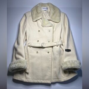 NWOT Vintage Charles Klein Wool Blend Double Breasted Faux Fur Trim Belted Coat